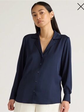 Silk Navy Button-Front Long-Sleeve Blouse